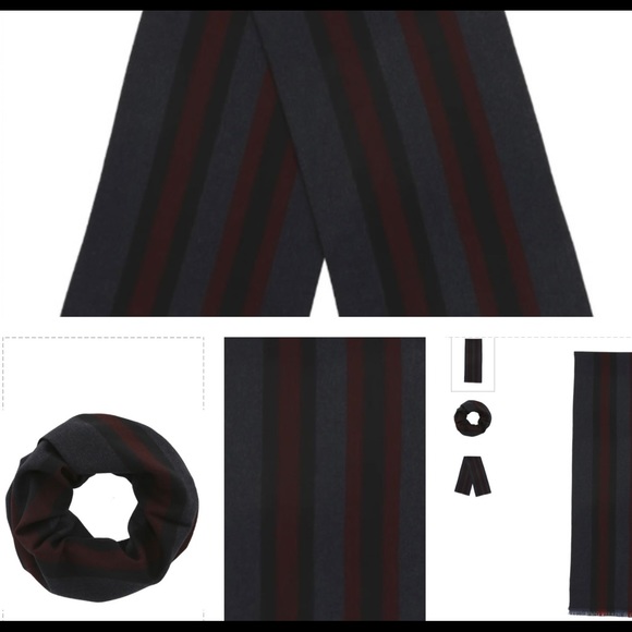 UNSEX GUCCI REVERSIBLE DARK GREY WITH RED AND NAVY BLUE STRIPES SOFT WOOL SCARF